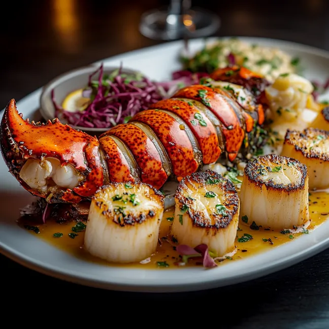 A plate of food with lobster and other seafood.
