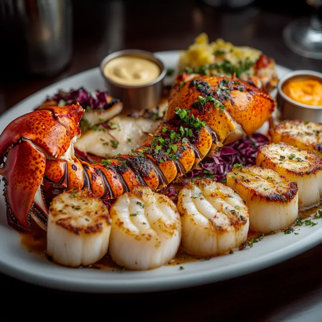 A plate of food with lobster, scallops, and other seafood.