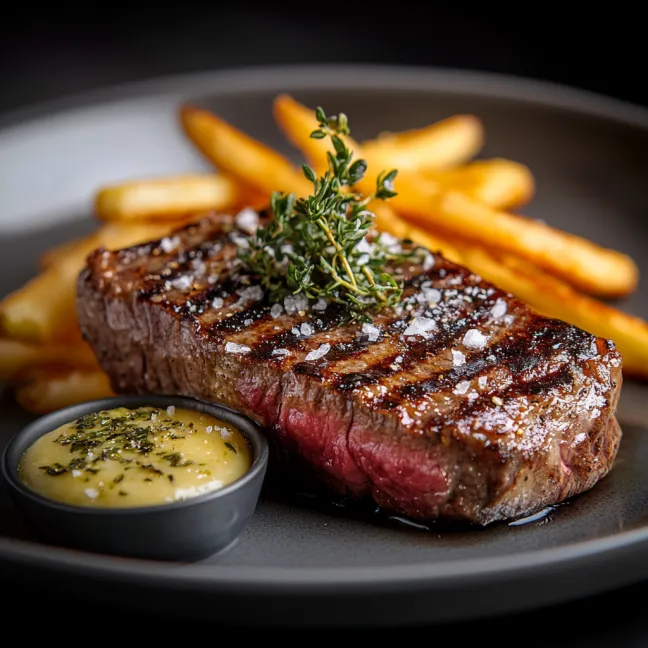 A plate of food with a steak and fries.