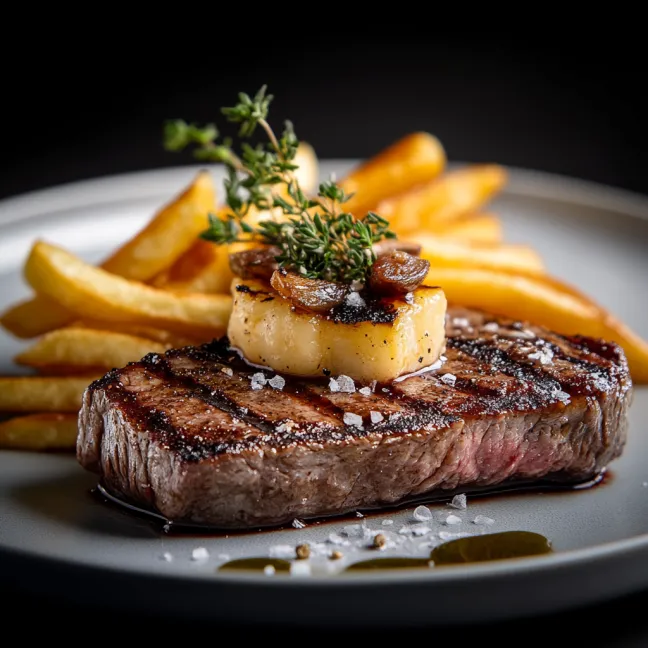 A plate of food with a steak and fries.