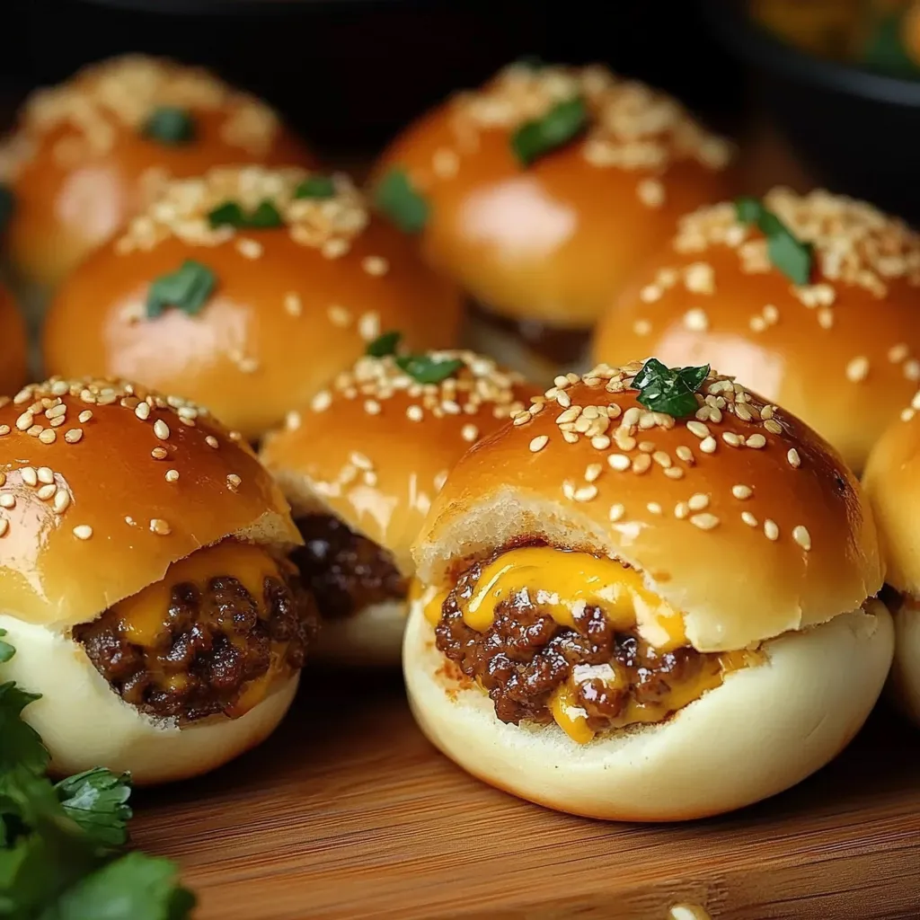 A plate of mini burgers with sesame seeds on top.
