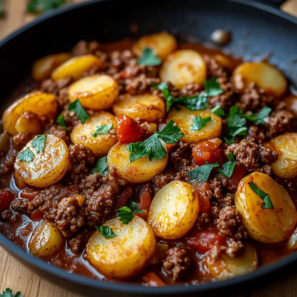 A bowl of beef and potatoes.