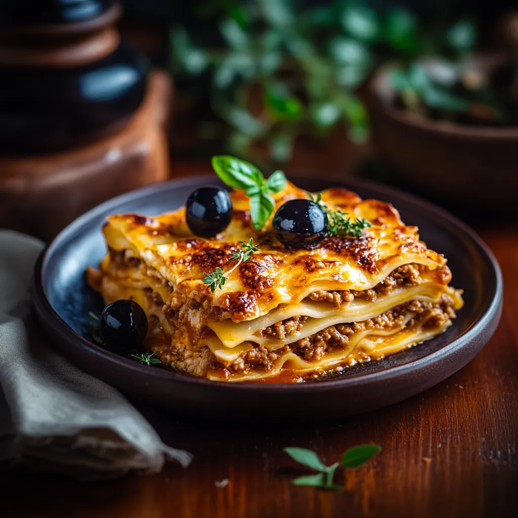 A plate of food with black olives on top.