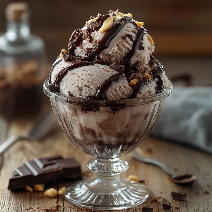A glass of ice cream with chocolate and nuts.