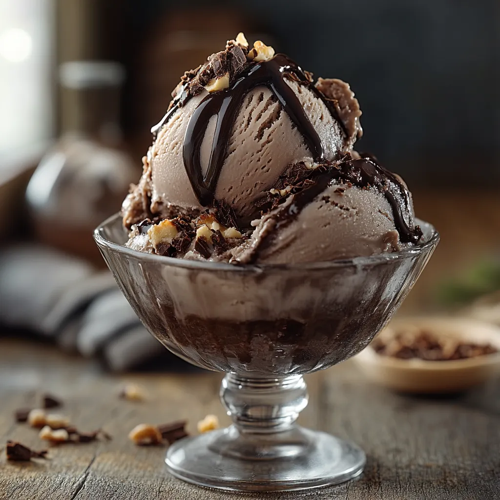 A glass bowl of chocolate ice cream with chocolate chips.