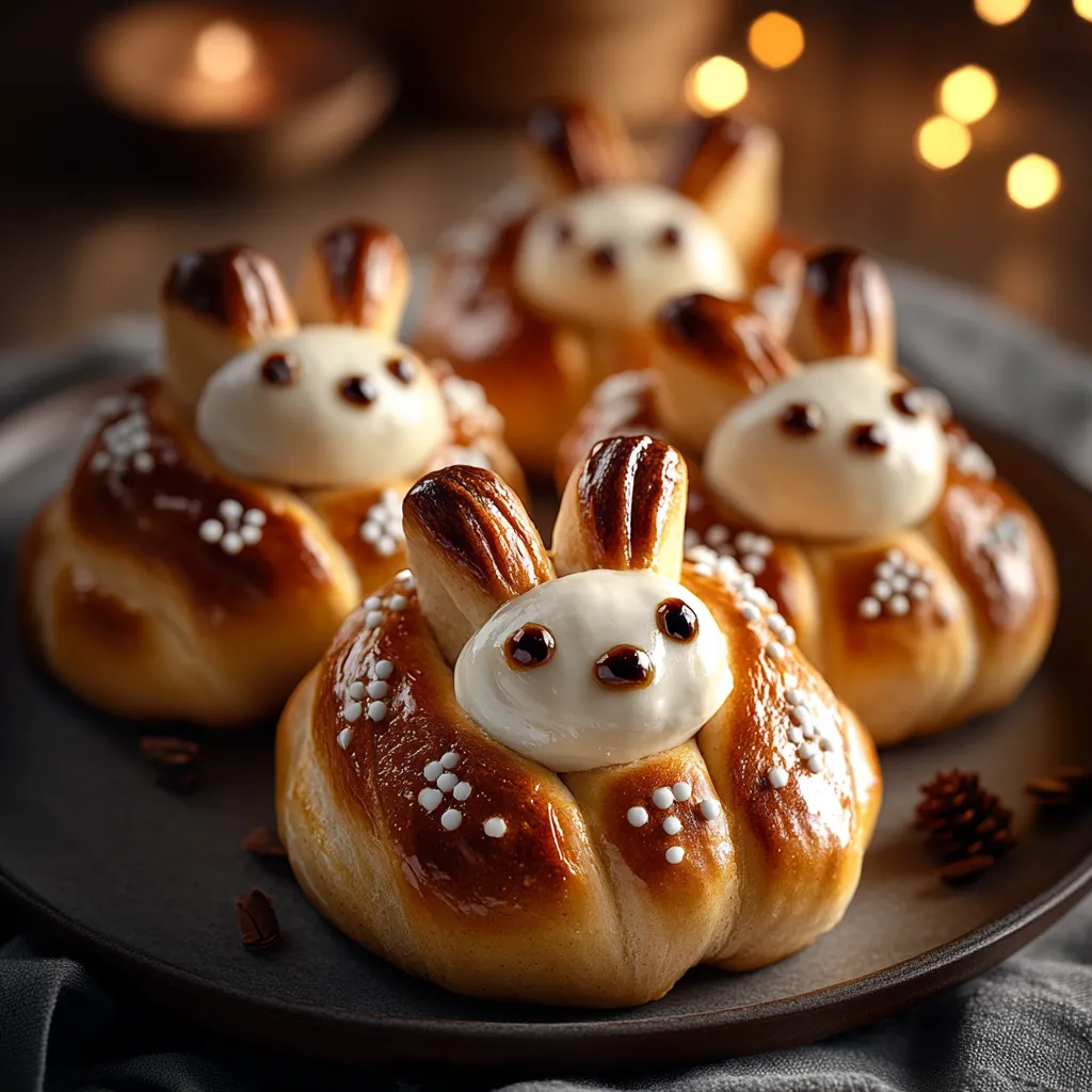 A plate of pastries with rabbit faces on them.