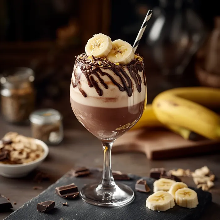 A glass of chocolate and banana milkshake.