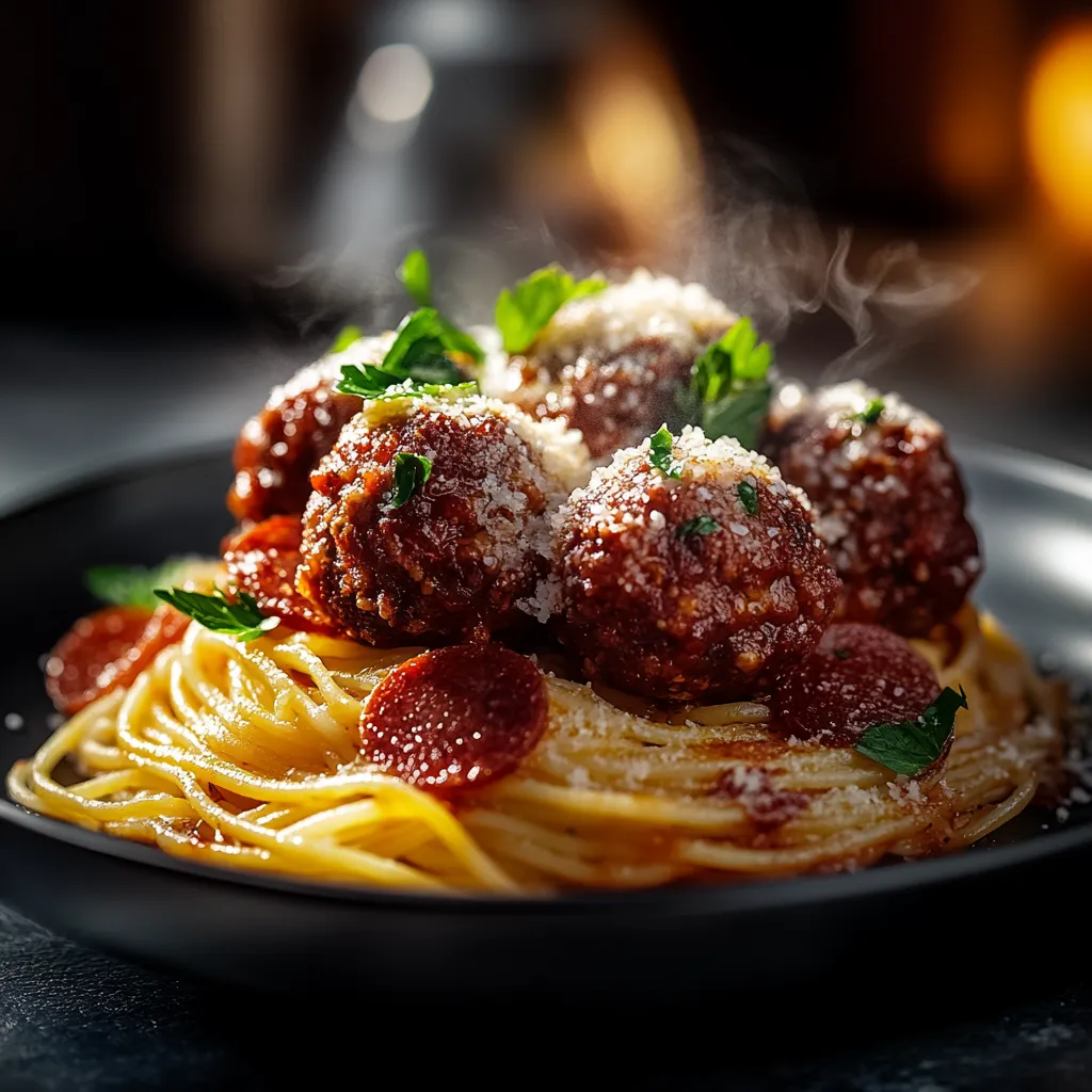 A plate of food with meatballs and spaghetti.