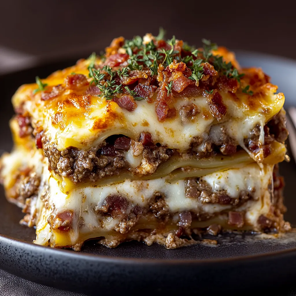 A slice of lasagna with bacon and cheese.