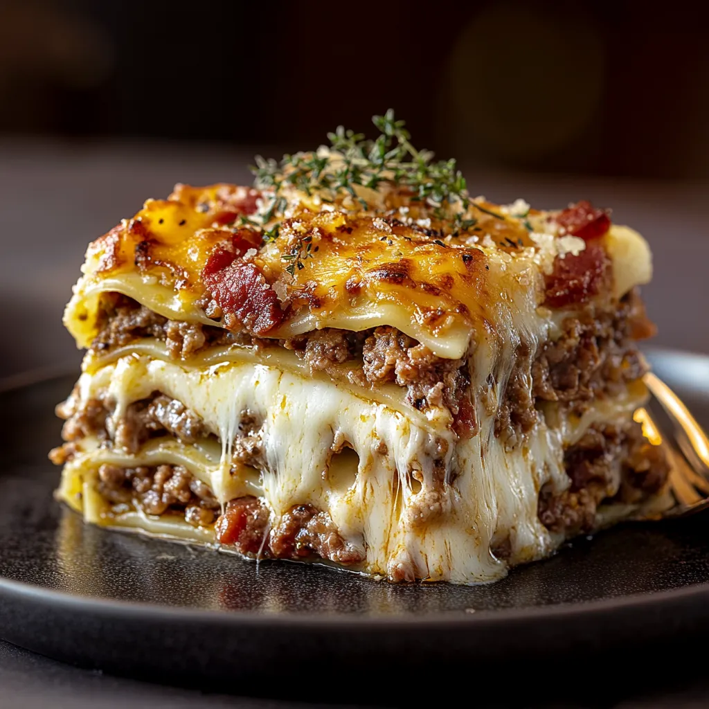 A stack of lasagna on a plate.