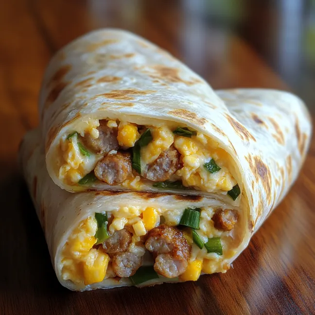 A burrito with sausage and corn.