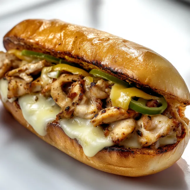 A sandwich with chicken, peppers, and cheese.