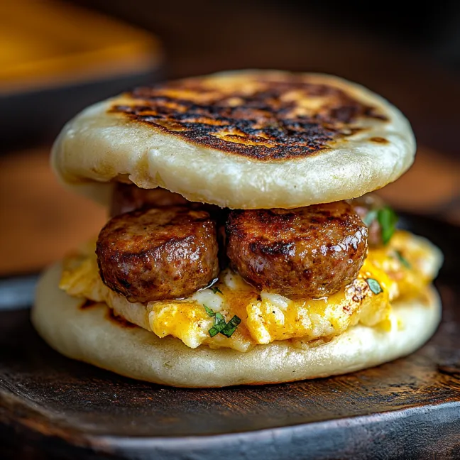 A breakfast sandwich with sausage, egg, and cheese.