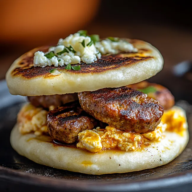 A breakfast sandwich with sausage, eggs, and cheese.