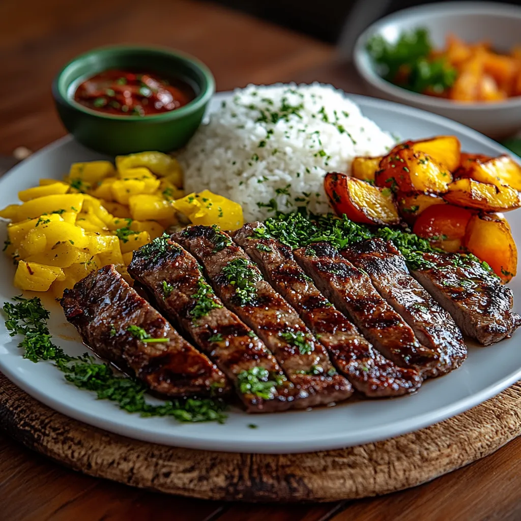 A plate of food with rice, meat, and vegetables.