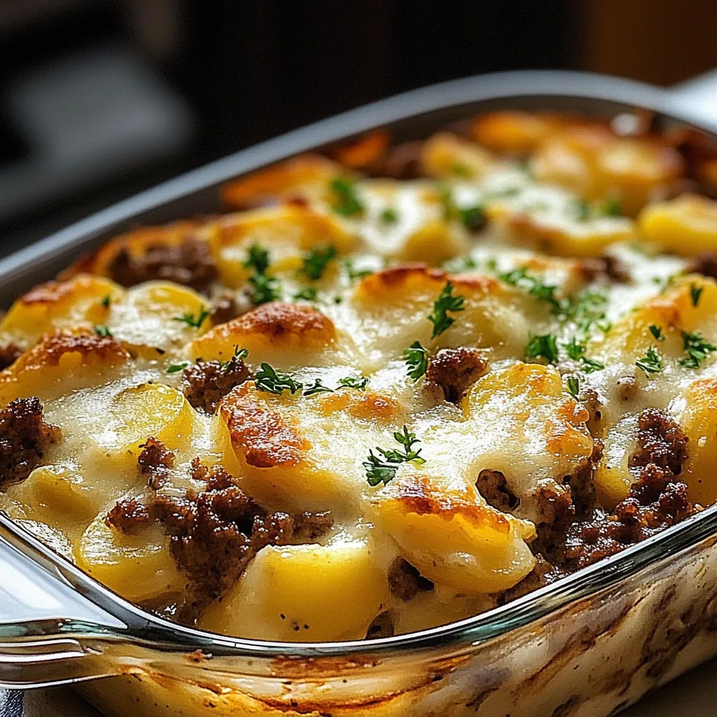 A casserole dish filled with meat and potatoes.
