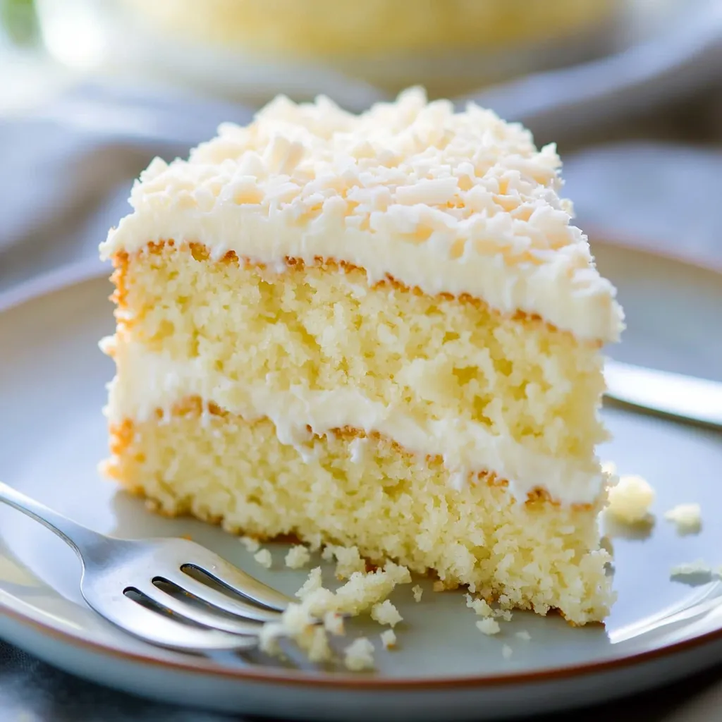 A slice of white cake on a plate.