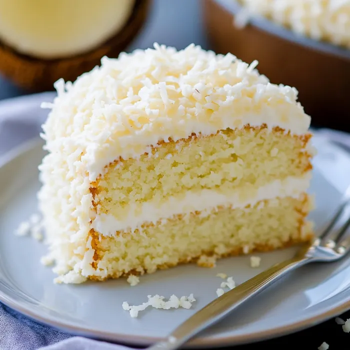 A slice of coconut cake on a plate.
