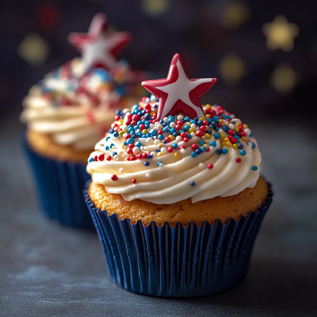 Two cupcakes with stars on top.