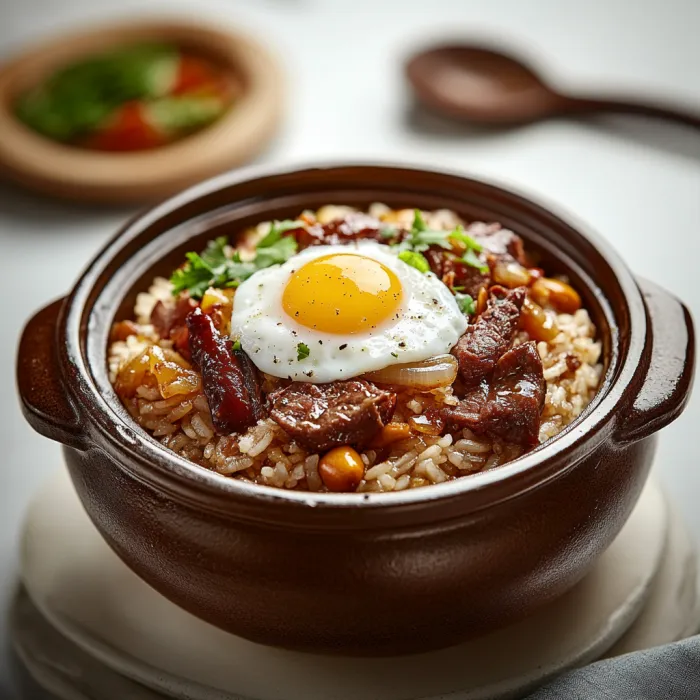 A bowl of rice with meat and an egg on top.