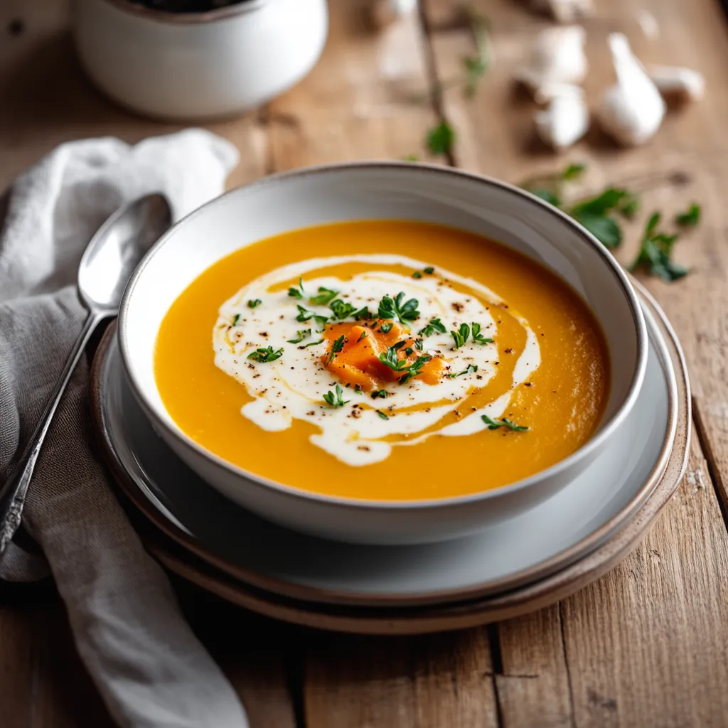 A bowl of soup with a spoon in it.