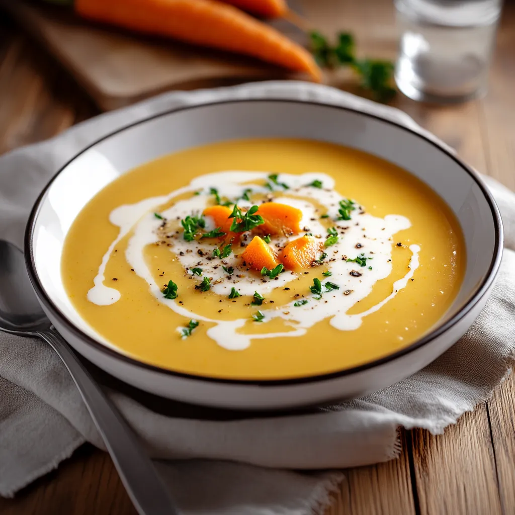 A bowl of soup with carrots and cream.