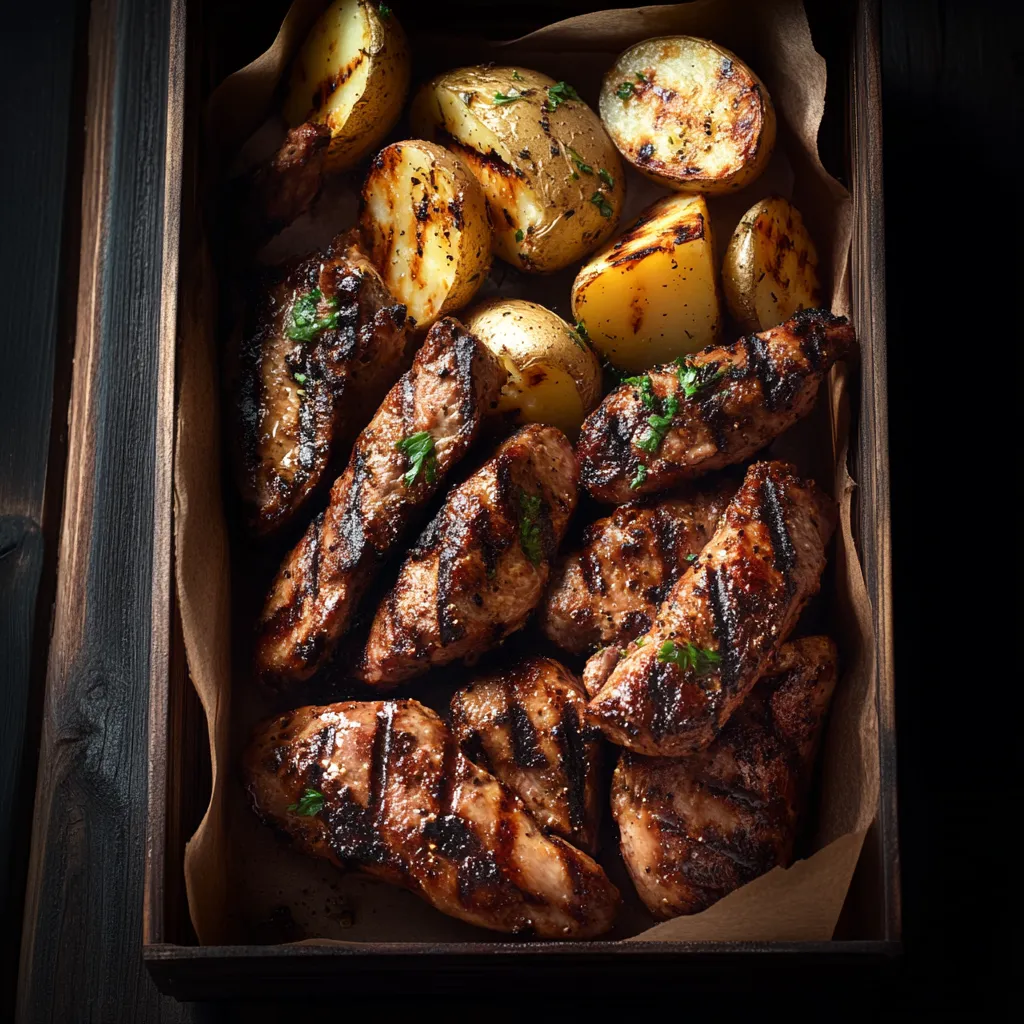 A box of food with chicken and potatoes.