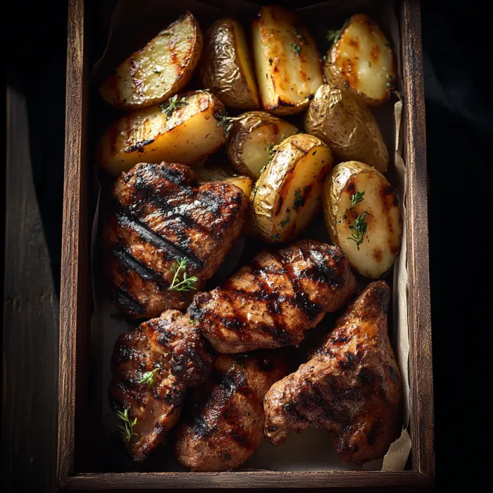A box of meat and potatoes.