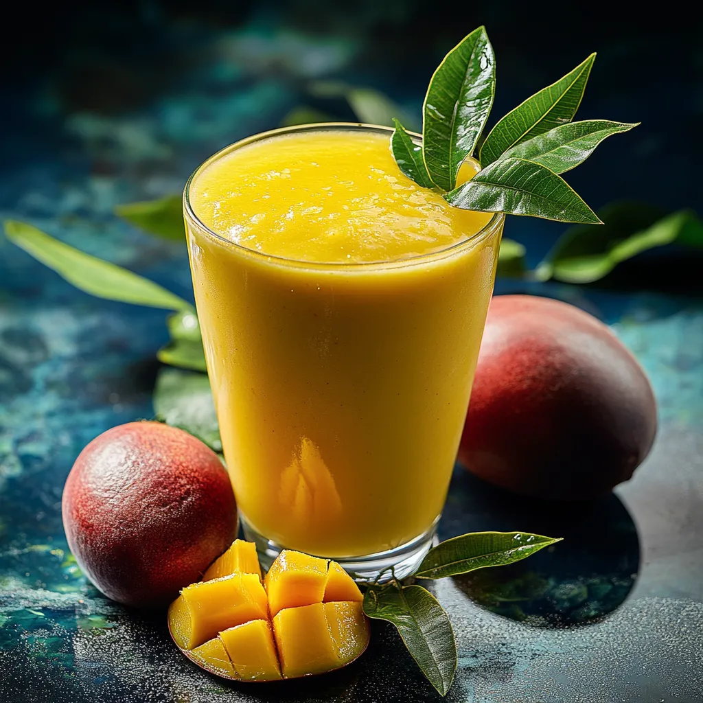 A glass of orange juice with a slice of mango on the side.