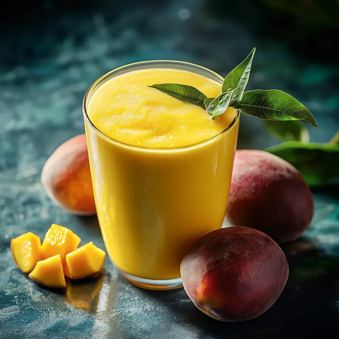 A glass of orange juice with a leaf on top.