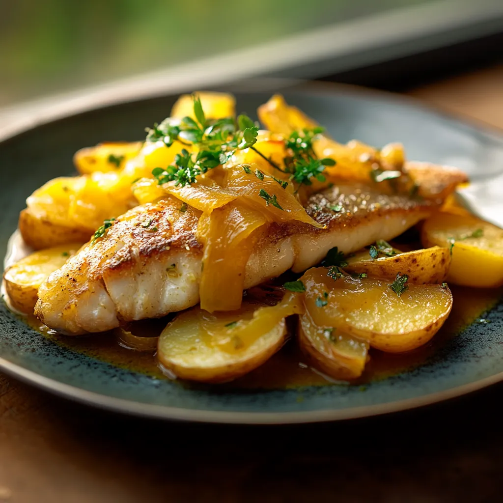 A plate of fish with vegetables on it.