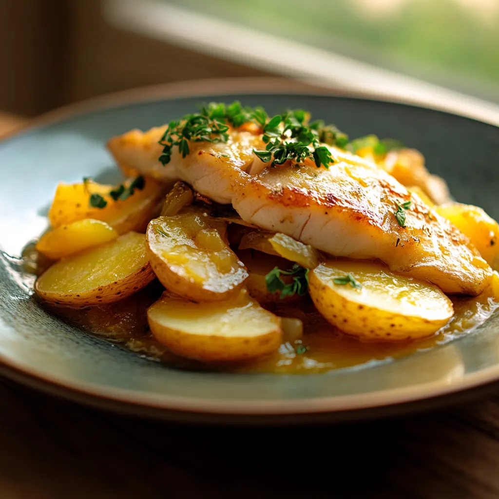 A plate of fish with potatoes and herbs.