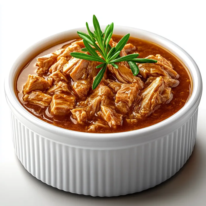 A bowl of meat with a sprig of parsley on top.