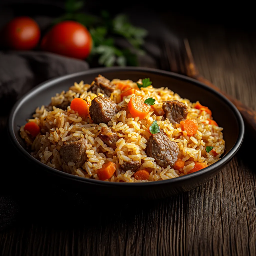 A bowl of rice with meat and vegetables.