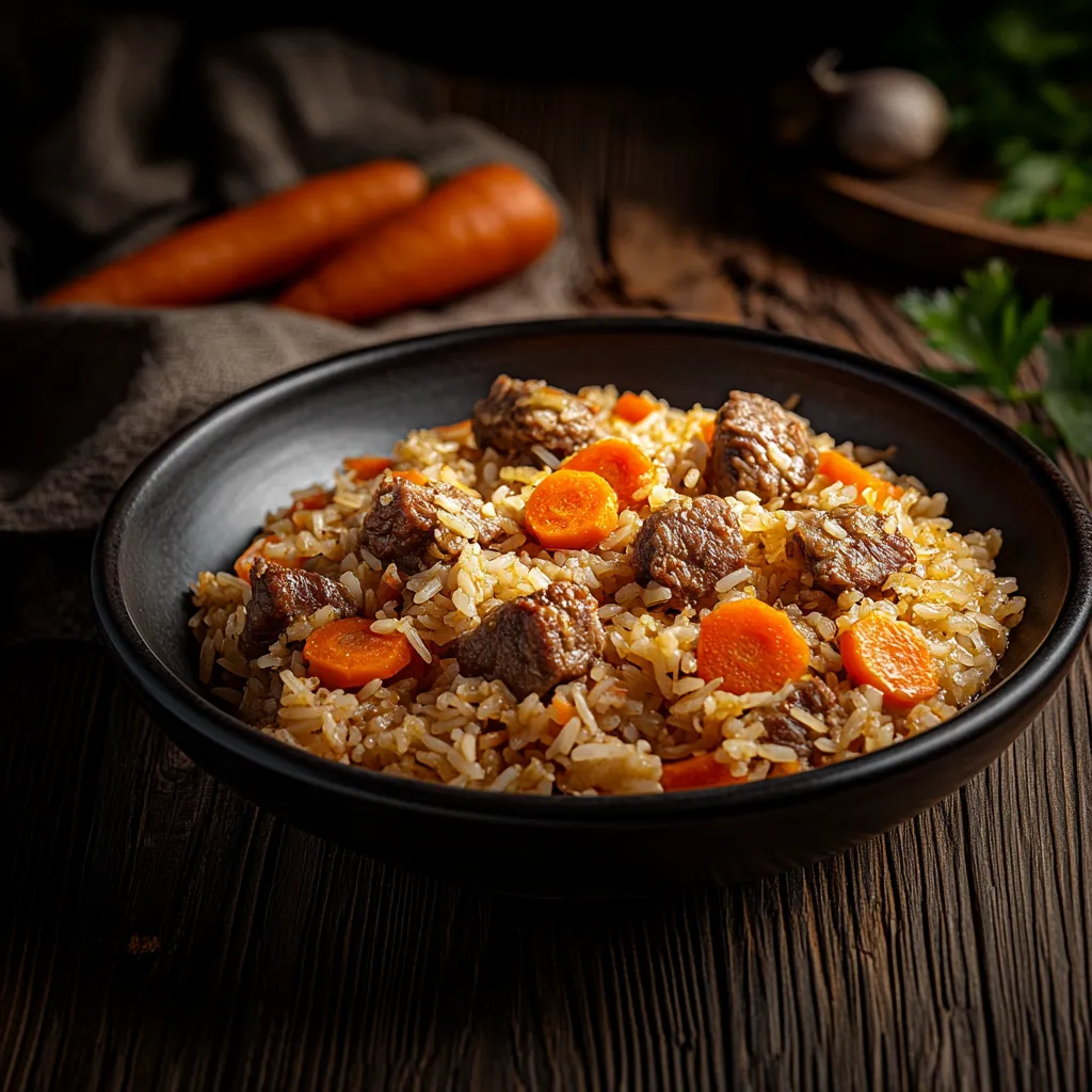 A bowl of rice with meat and carrots.