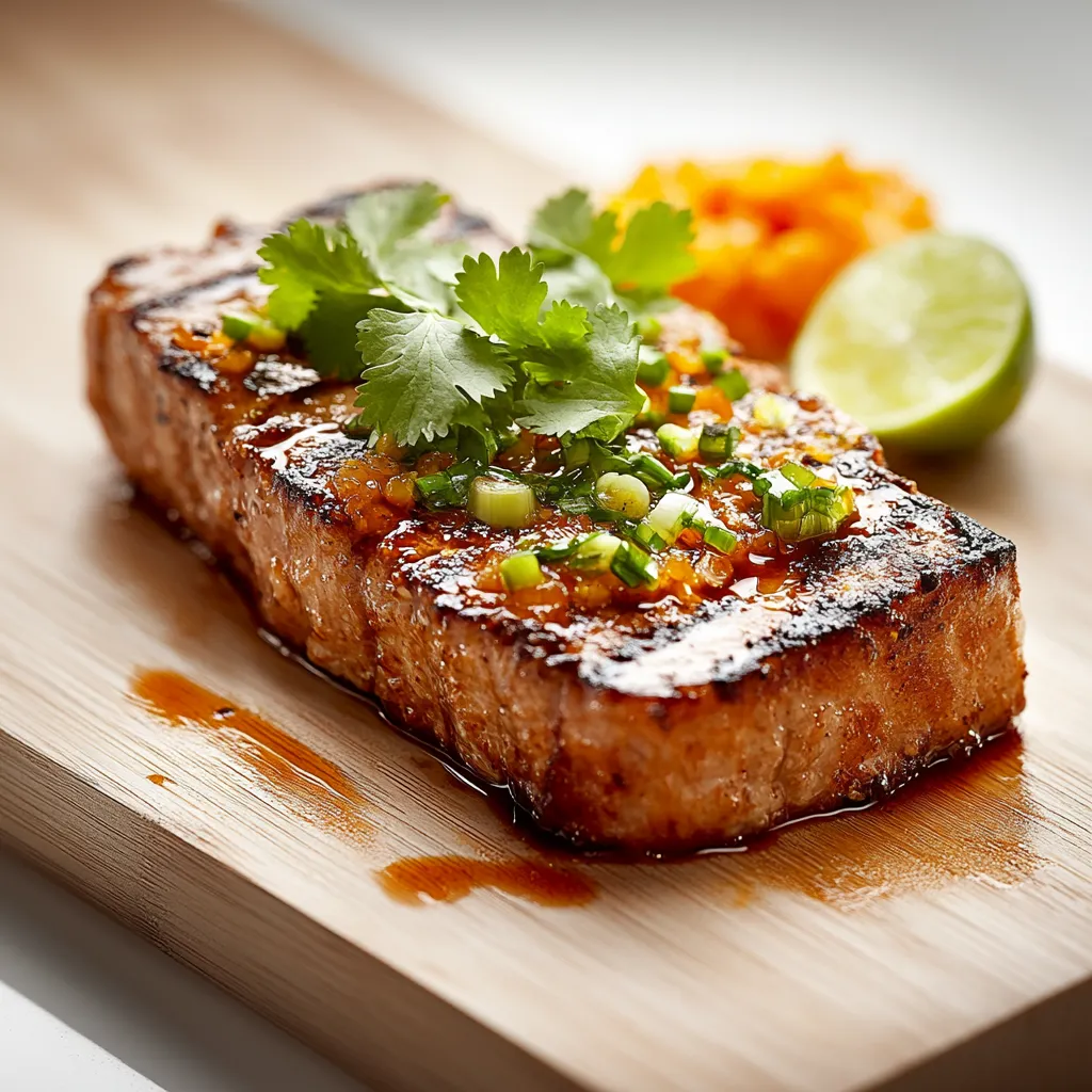 A piece of meat with garnish on a wooden board.