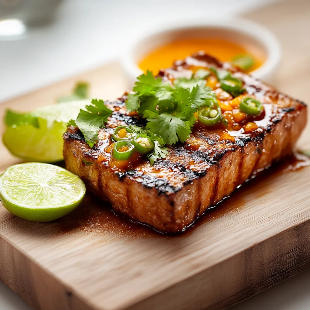 A piece of meat with peppers and lime on a wooden cutting board.