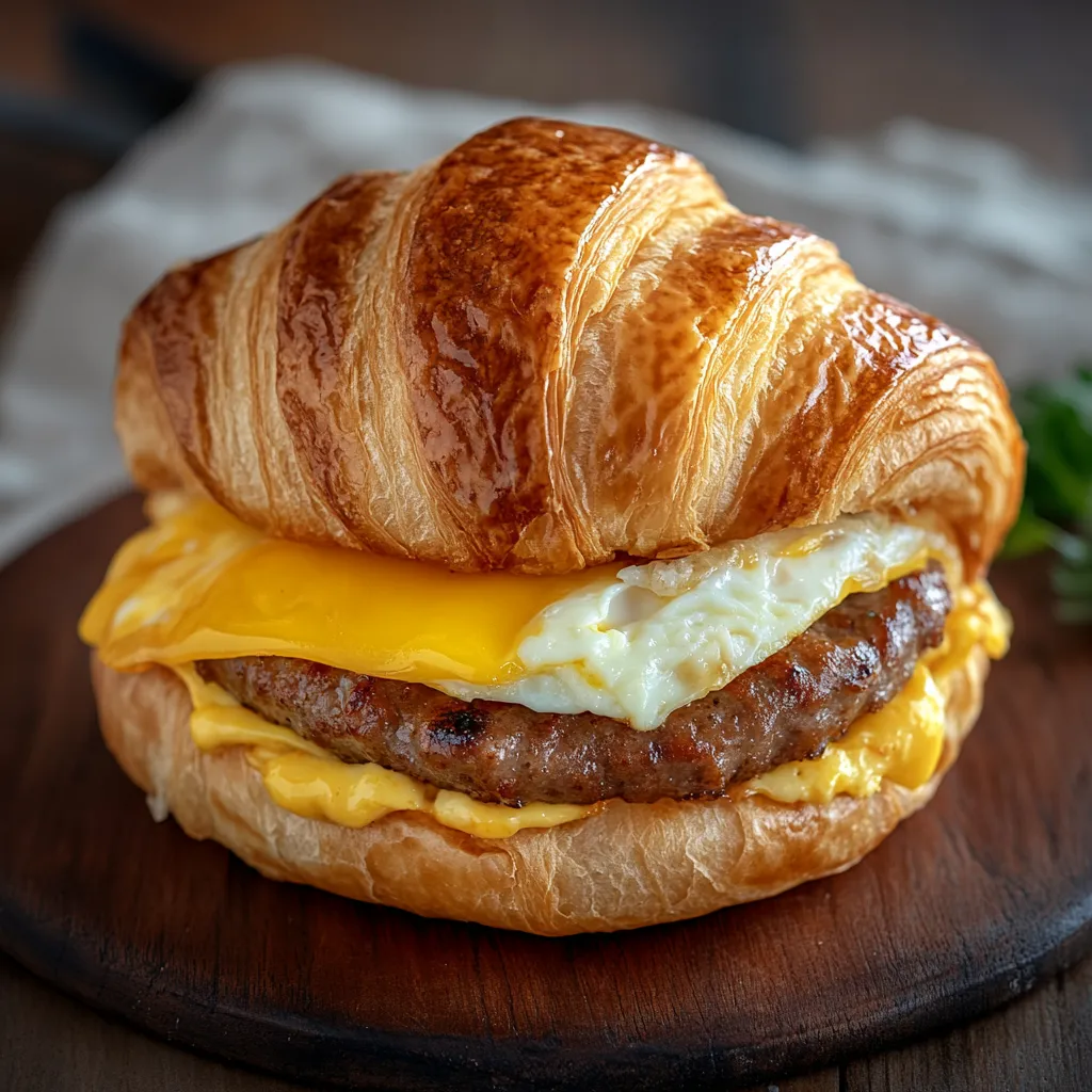 A croissant sandwich with egg and cheese.
