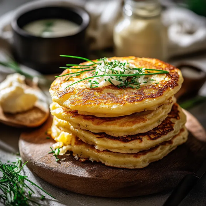 A stack of pancakes with butter and herbs on top.