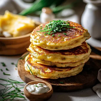 A stack of pancakes with herbs on top.