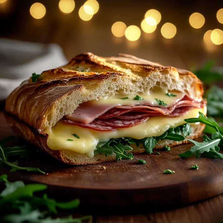A sandwich with meat and cheese on a wooden table.