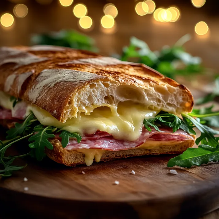 A sandwich with cheese and greens on a wooden table.