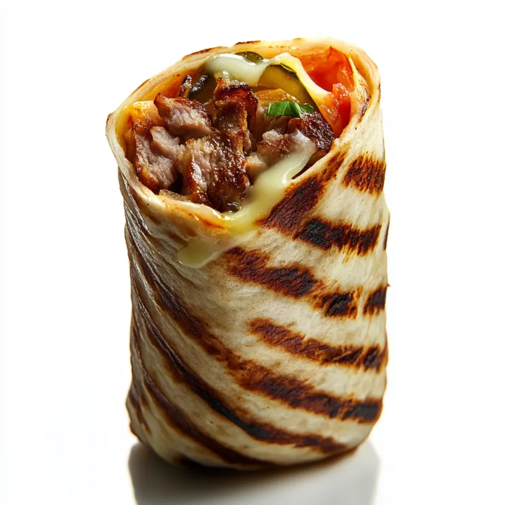 A burrito with meat and cheese.