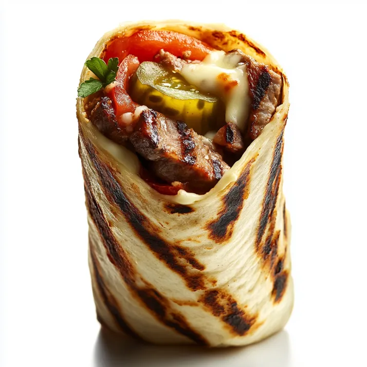A burrito with meat and vegetables.