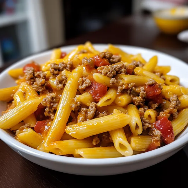A bowl of pasta with meat and tomatoes.