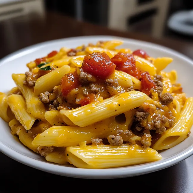 A plate of pasta with meat and tomatoes.