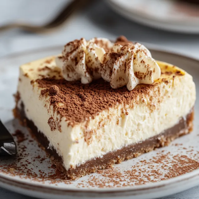 A slice of cake with whipped cream on top.