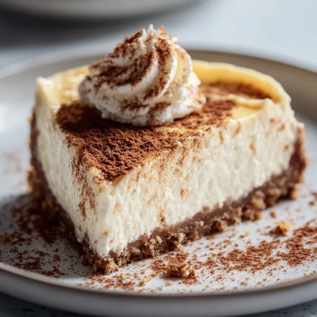 A slice of cheesecake with a dollop of whipped cream on top.