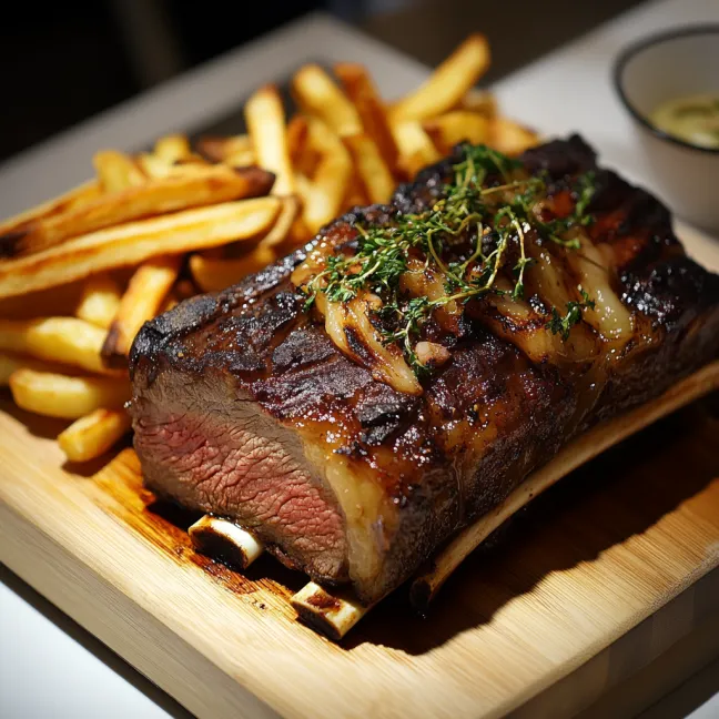 A large steak with onions and herbs on a wooden platter.