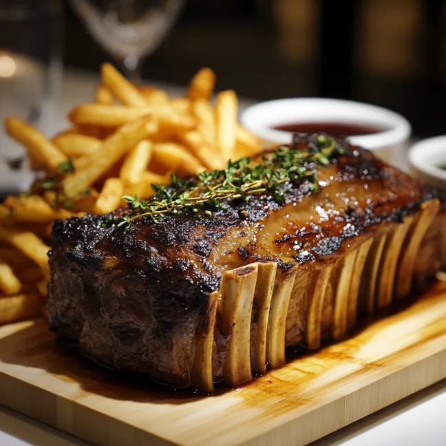 A large steak is on a wooden cutting board with a side of fries.
